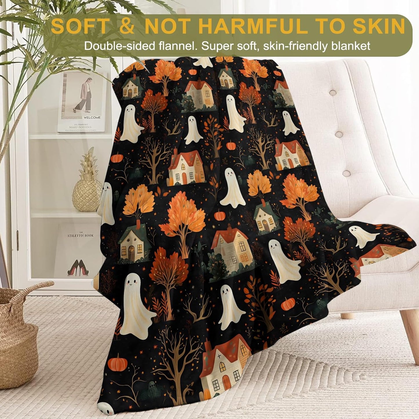 Spooky Ghost Village Flannel Blanket - Cute with Autumn Trees, and Houses Throw - Soft Cozy Gifts Balnkets for Halloween Decor, Fall Lovers,Kids,Women,Festive Home Accents 50x60in