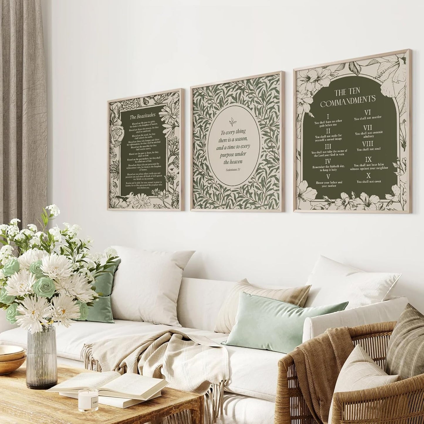 seersillus Sage Green Christian 10 Commandments Wall Art Prints, Cottagecore Vintage Botanical Bible Verse Decor, 8×10 Inches Unfamed