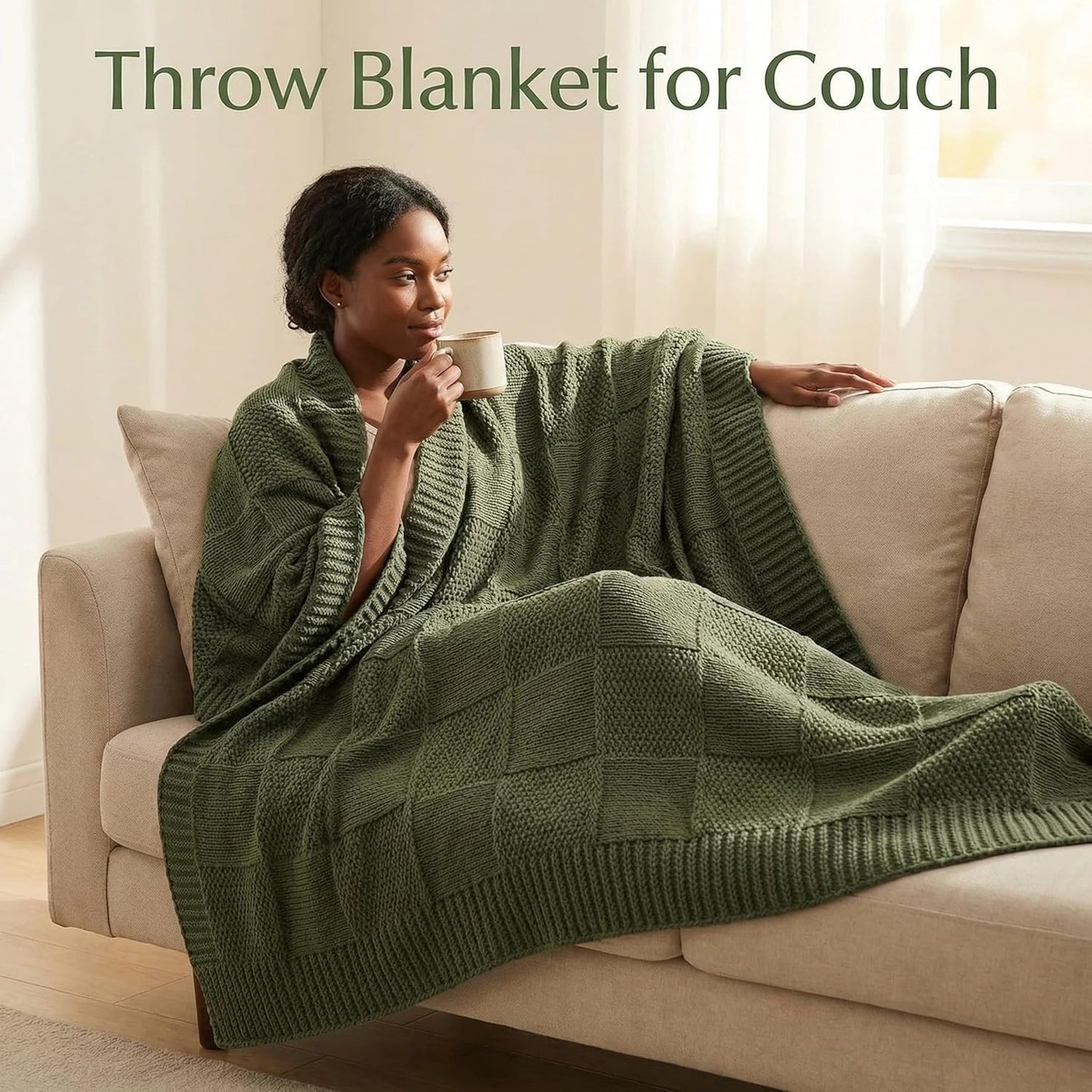 Checkered Knit Throw Blanket, Olive Green 50x60 Inches, Soft Warm Knitted Blanket for Couch, Sofa, Bed, Living Room, Bedroom, All Season Decorative Home Throw, Cozy Gift Blanket