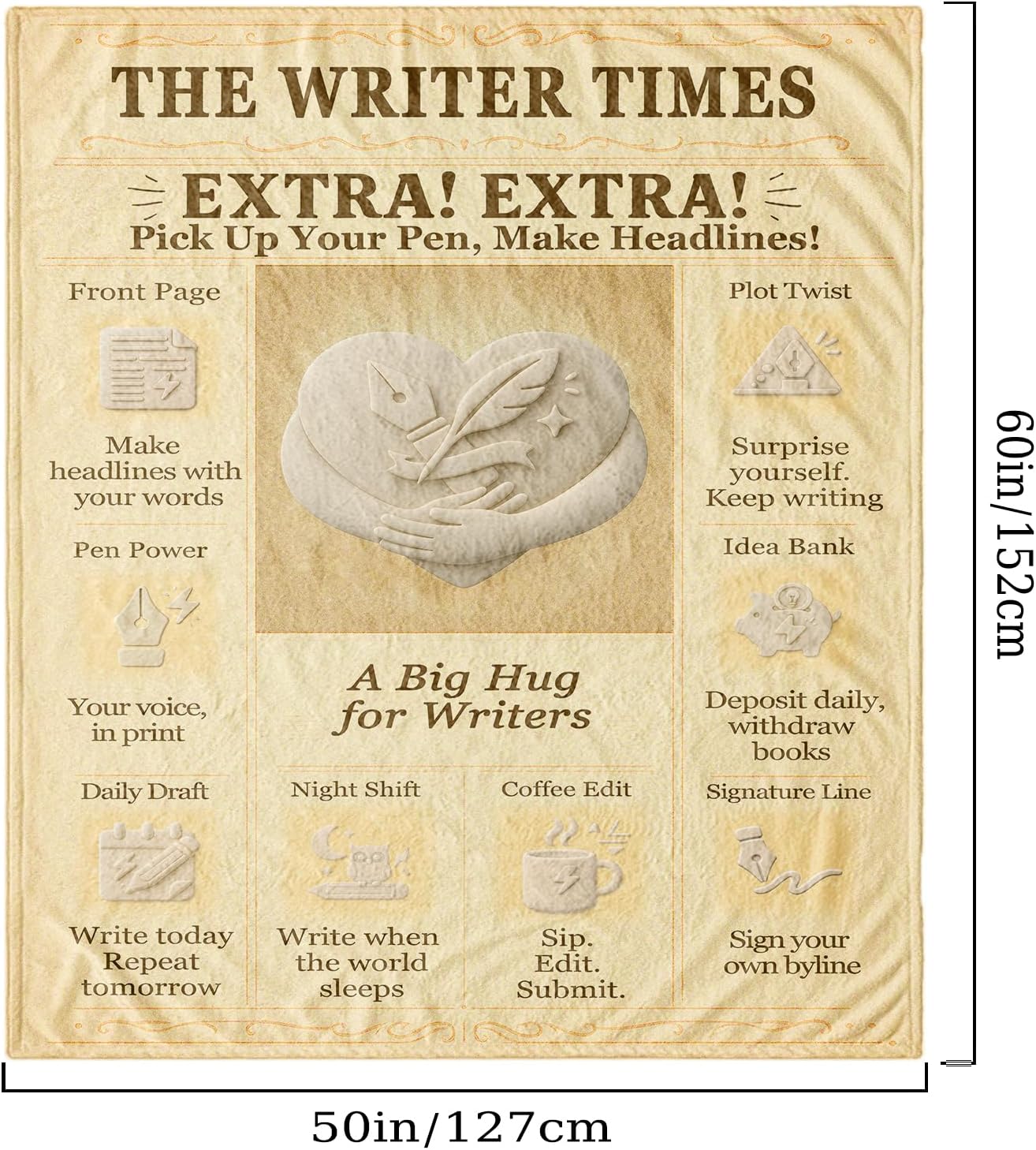 Writer Blanket 60x50 Flannel Throw, Vintage Press Newspaper-Inspired Aesthetic, Cozy Gift for Authors, Journalists & Editors, Soft Couch Decor for Reading Nook