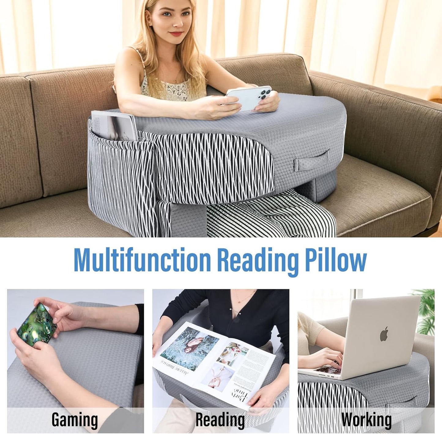 LEBENGURU Reading Pillow for Laptop, Extra Large Armrest Gaming Pillow for Working, Hight Adjustable Lap Desk Pillow for Adult Sitting in Bed, Floor, Sofa（Stripe and Grey）