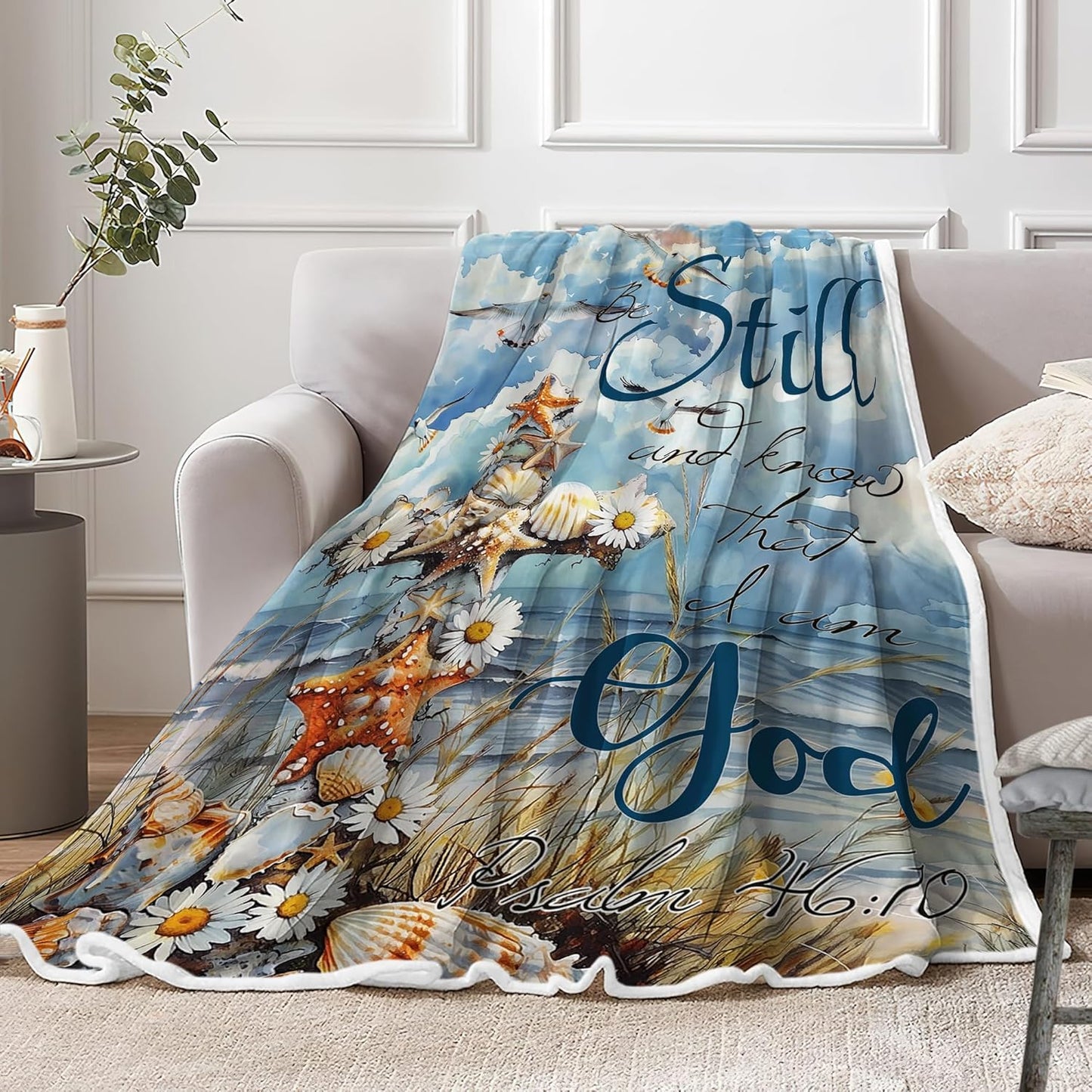 Christian Nautical Coastal Blanket , Bible Verse Inspirational Thoughts Christian Religious Men Women Throw Blankets, Birthday Starfish Seashell Coral Beach Cozy Sofa Couch Bed Room Decor 60X80in