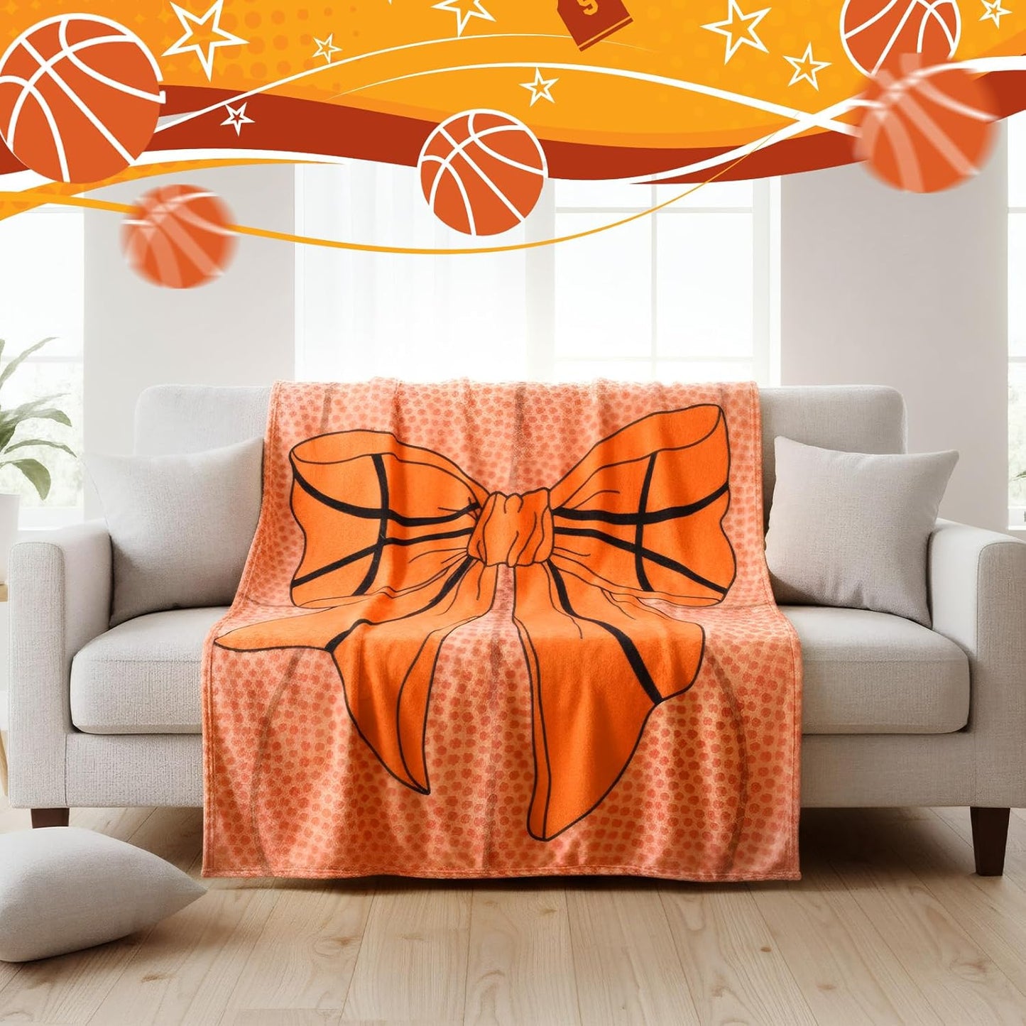 Basketball Bow Blanket for Gifts Girls Sport Lover 50" x 60" Coquette Basketball Throw Blanket Orange Bow Flannel Soft Warm for Fans Team Ball Lover Player Game