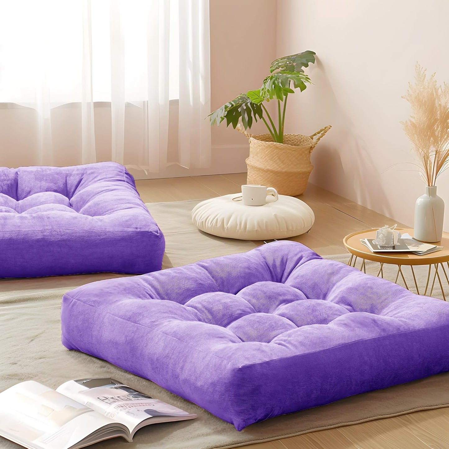 Degrees of Comfort Square Tufted Corduroy Floor Cushions, Large Pillows Seating for Adults, Meditation Pillow for Balcony Tatami Living Room, 22x22 Inch, Purple