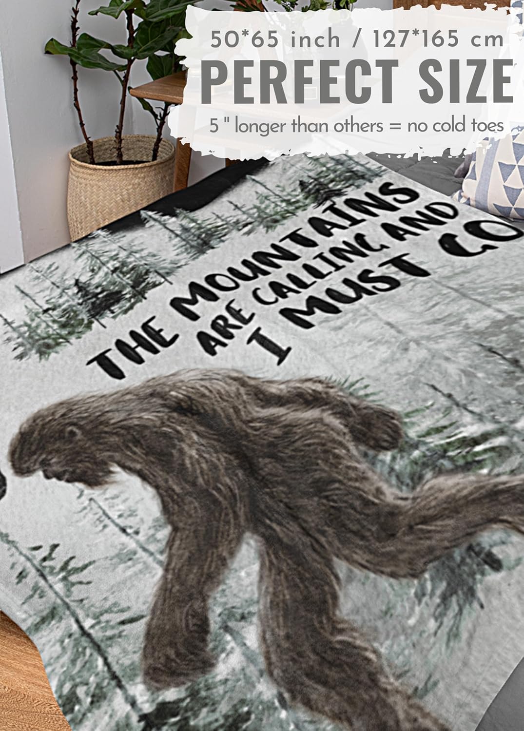 Bigfoot Gifts for Men Women, Sasquatch Gifts, Flannel Blanket for Big Foot Sasquatch Lovers, Funny Idea for Bigfoot Lovers, 50" x 65" - The Mountains are Calling and I Must Go