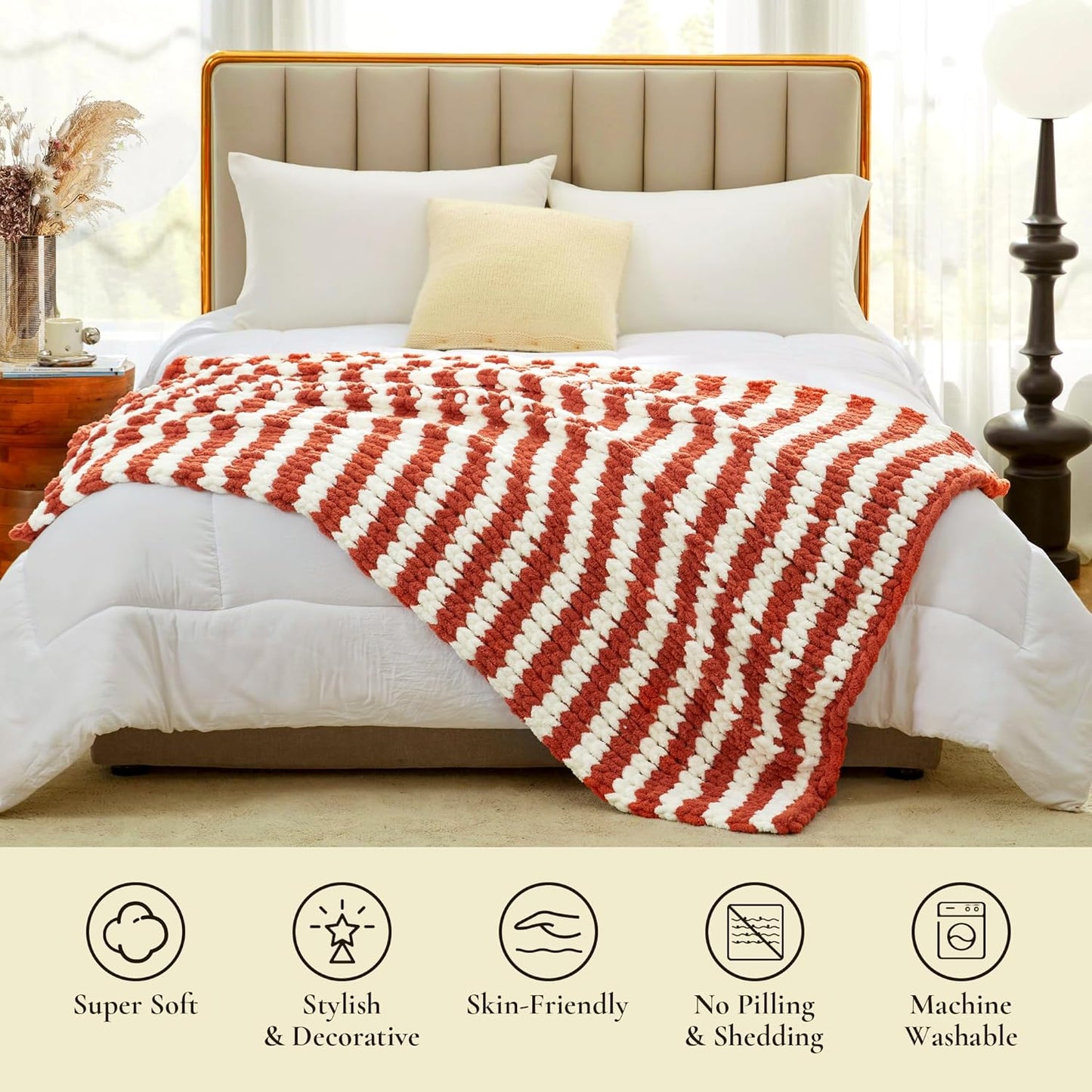 Amélie Home Chunky Knit Throw Blanket for Couch, Soft Chenille Crochet Blanket for Sofa, 50"x60", Burnt Orange & White Striped