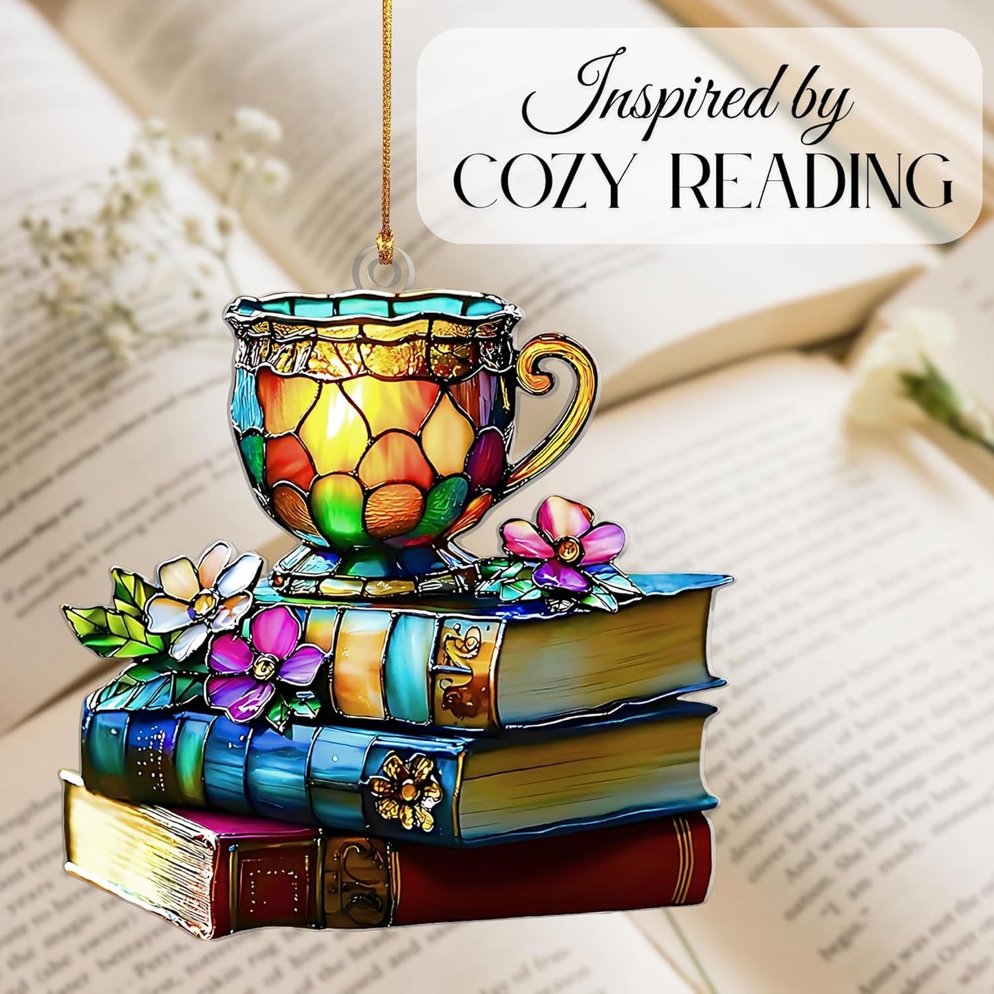 Book Lovers Gifts for Women -Tea Books Ornament, Floral Book Ornament, Gift for Readers Friends Coworker, Hanging Literary Decor, Reader, Bookworm, Book Ornament Faux Stained Glass Window Hanging.