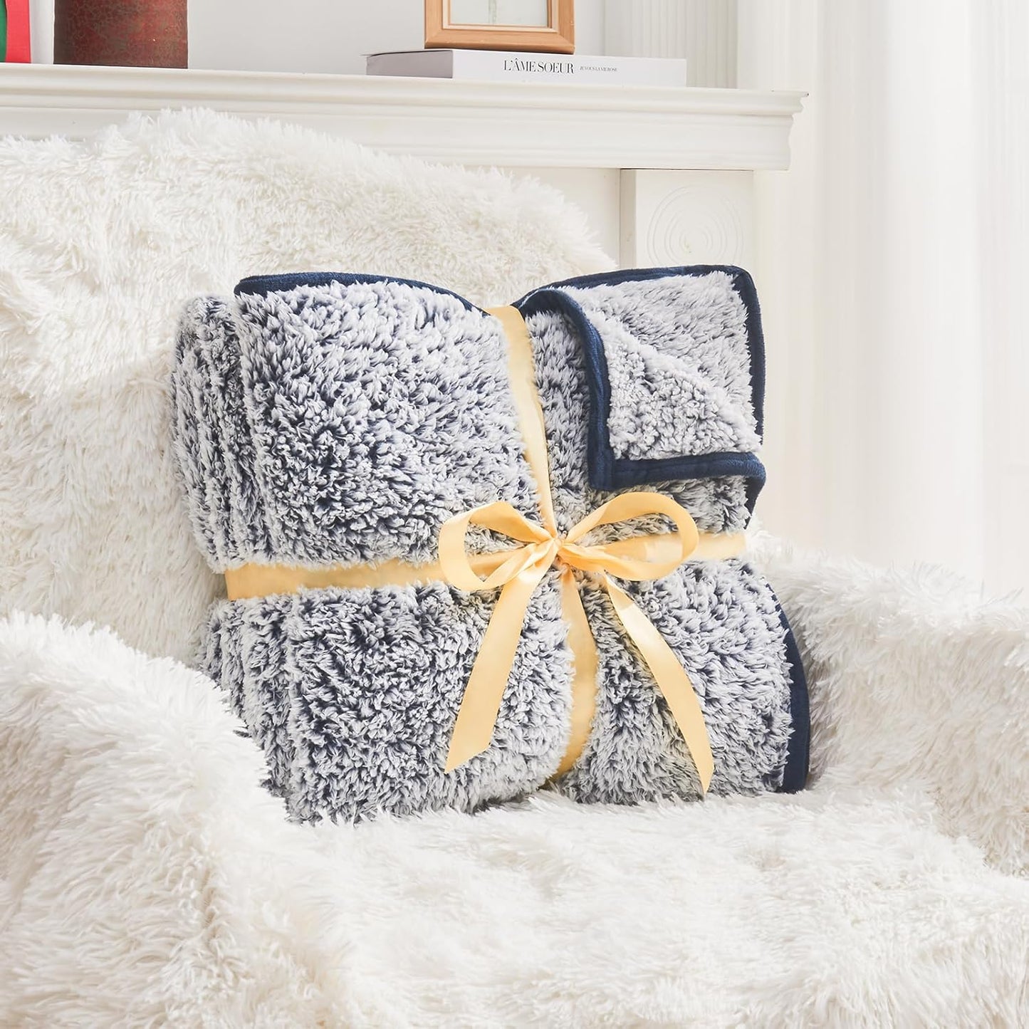 EMME Soft Sherpa Throw Blanket Fleece Reversible Plush Fluffy Blanket, Light Weight Warm Decorative Boho Blanket Cover for Sofa, Couch, Bedroom,Travel(Plush Navy,50"x60")