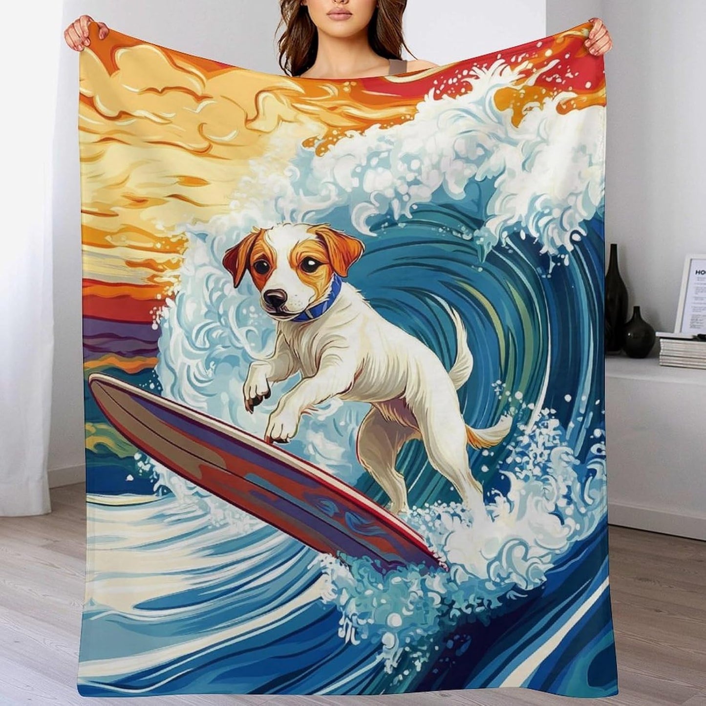 Surfing Jack Russell Dog Throw Blanket for Couch Bed Plush Cozy Fuzzy Flannel Blanket for All Season 50"x60"
