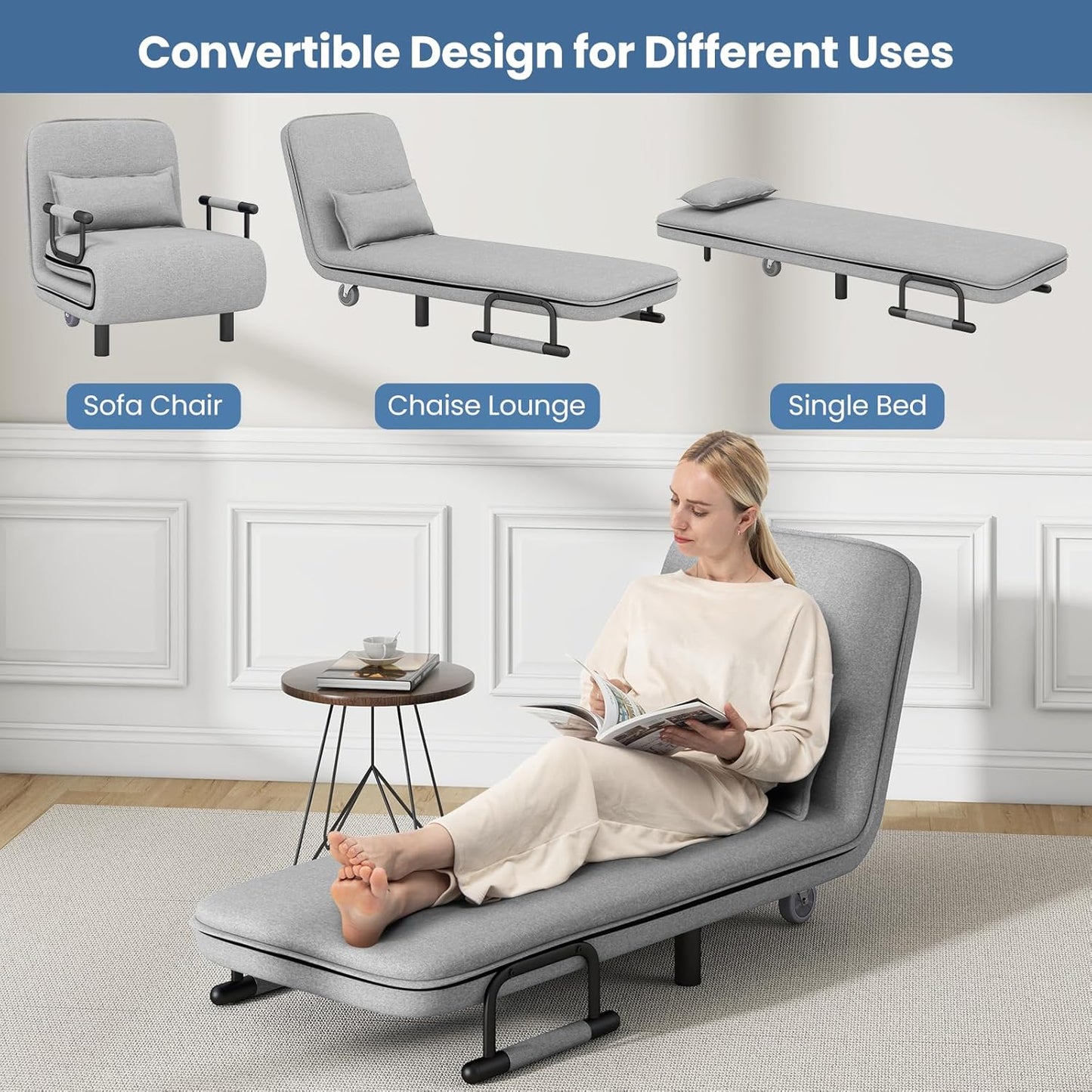 KOMFOTT Convertible Chair, Sleeper Chair with 5-Position Adjustable Backrest & Lumbar Pillow, 2 Hidden Metal Legs & 2 Lockable Casters, Comfy Chaise Lounge for Living Room & Home Office, Grey