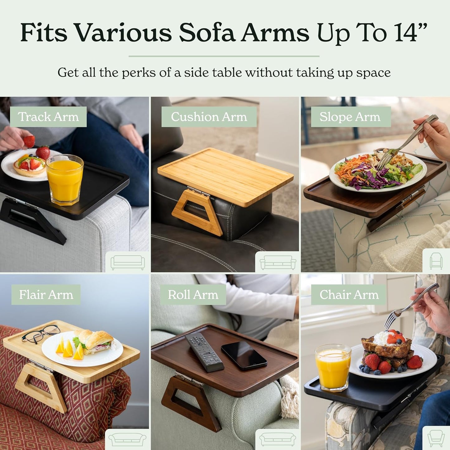 Shamrock Home Bamboo Trayble Couch Arm Table, Clip On Tray Sofa Table for Couches. Sofa Arm Tray, Armchair Table for TV Dinners, Remotes, Drinks and Snacks - 13.75 x 9.5inch, Grey