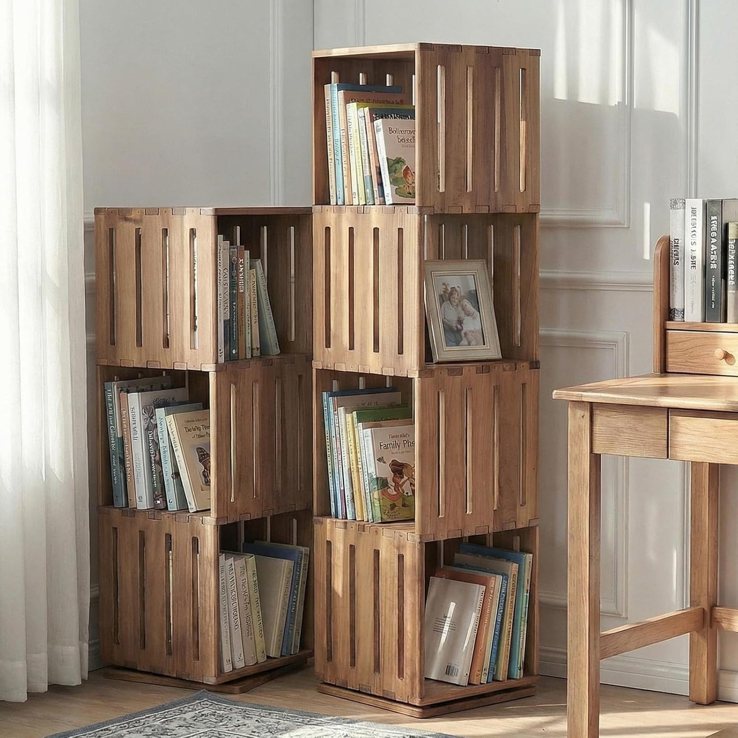 Wooden Rotating Bookshelf, 360°Spinning Deep-Bin Tower for Art Books&Large Formats, Solid Wood Revolving Bookcase, Floor Standing Storage Rack,Corner Organizer,Small Space,study,Office, 3-Tier