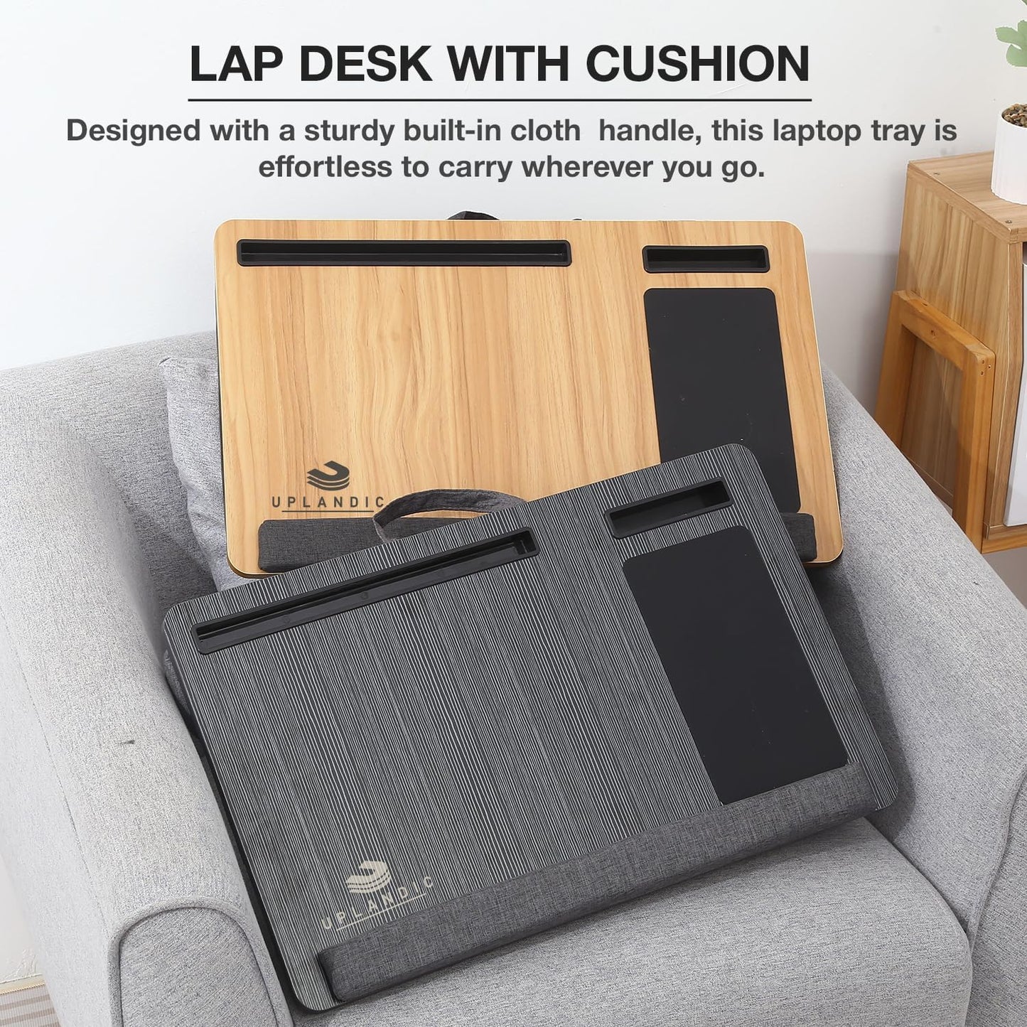 Laptop Tray – Home Office Lap Desk with Built-in Mouse Pad, Wrist Rest & Phone Holder, Portable Laptop Stand with Cushion, Tablet Slot & Carry Handle, Ideal for Bed & Workspaces (Walnut)
