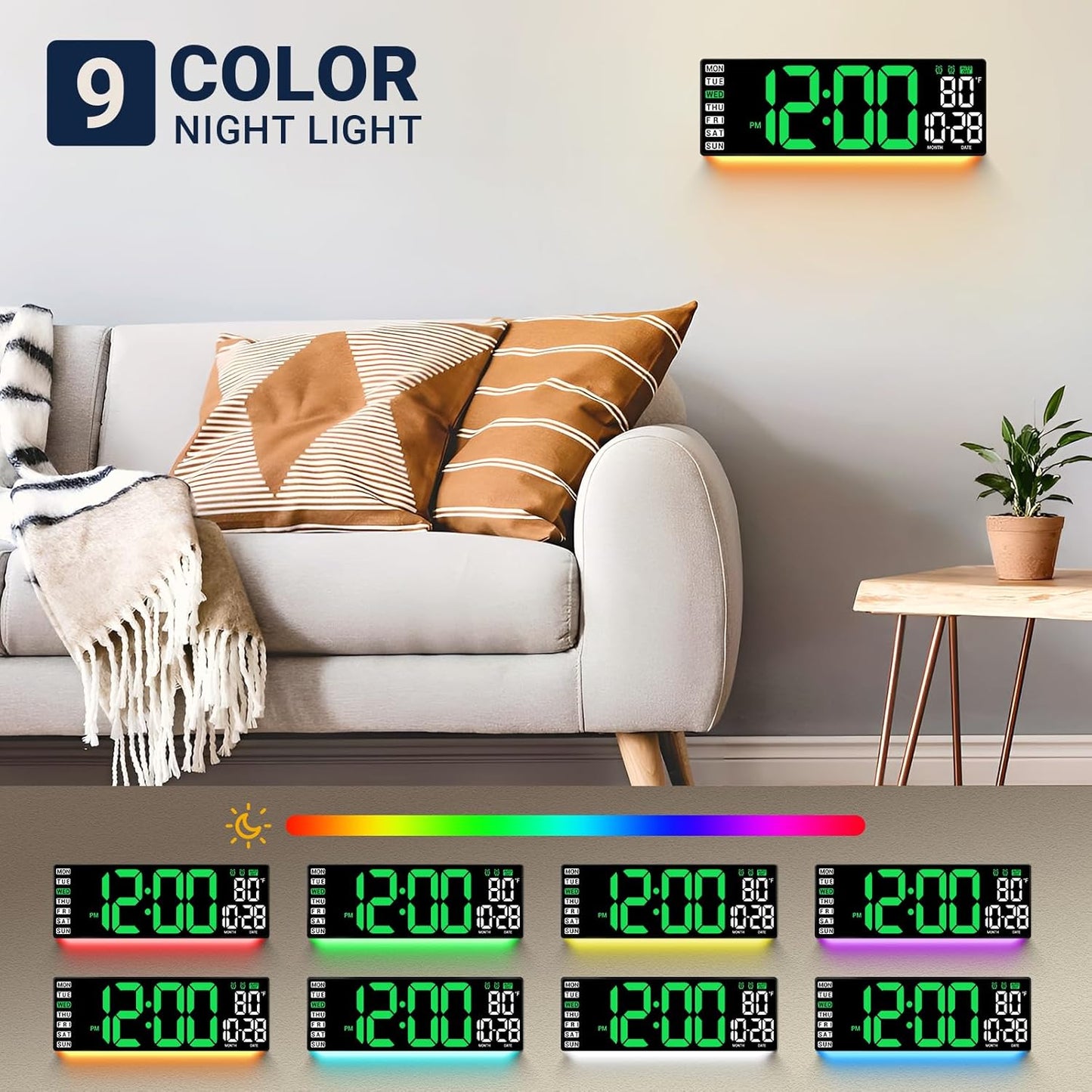 16.5" Large Digital Wall Clock with Remote Control, Auto-Dimming LED Display with Date Temp, Big Number Wall Mount Decor Clock for Seniors, Classroom, Dorm, Home, Office, Gym Green