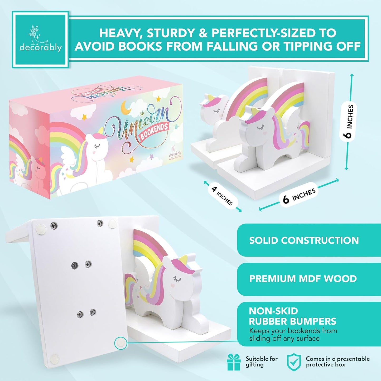 Decorably Unicorn Kids Book Ends for Kids Books - 1 Set Non-Skid Wooden Decorative for Girls Room, Baby's Nursery, Classroom Decor