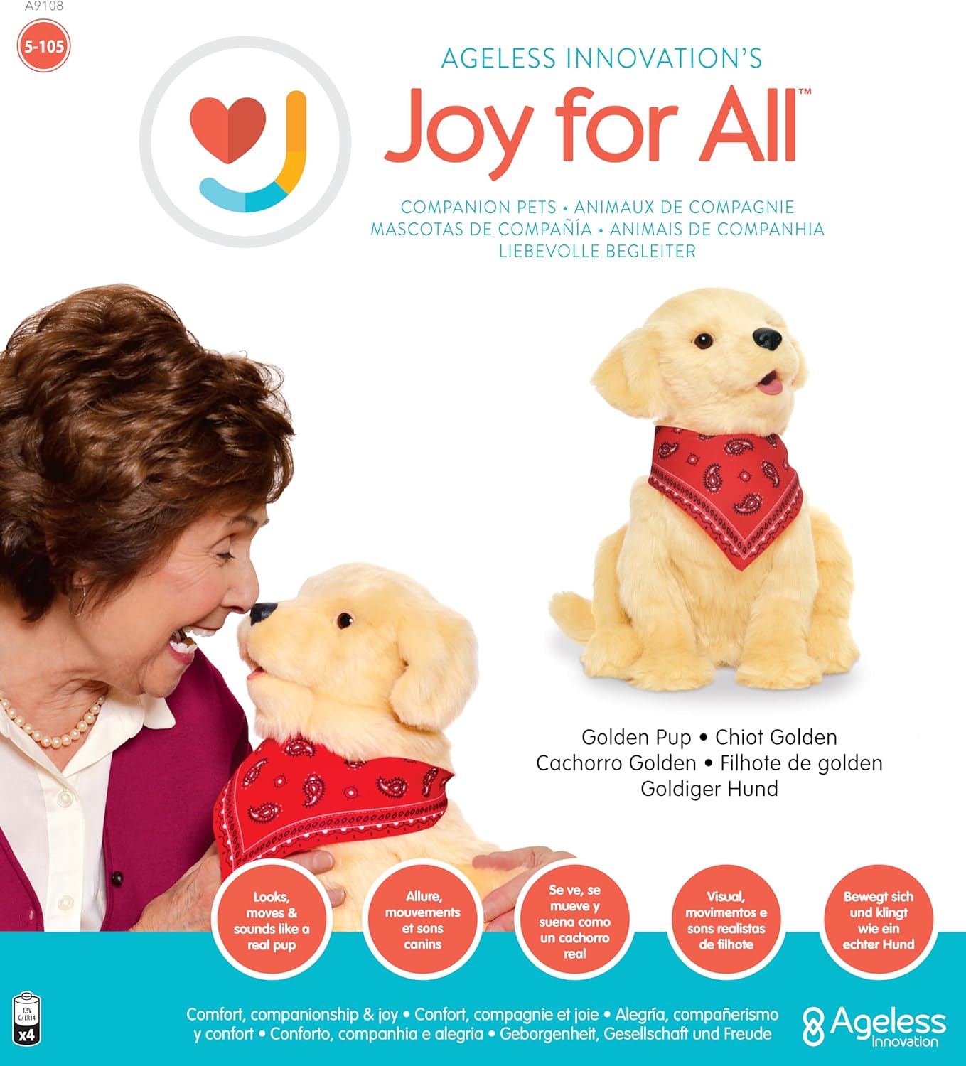 JOY FOR ALL Ageless Innovation Companion Pet for Seniors - Lifelike Animatronic Dog - Realistic Soft-Touch Coat & Heartbeat - Therapy Stuffed Animal - Toy for Alzheimer's & Dementia - Golden Pup