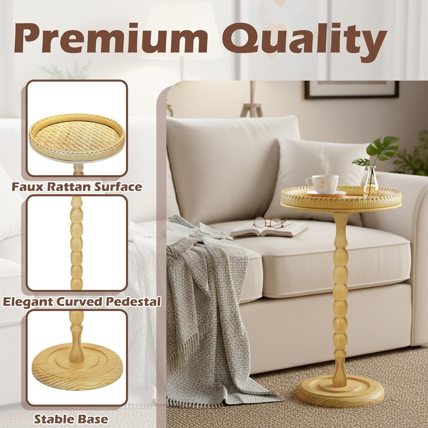 Drink Table,21" H Rattan Small Side Table with Solid Wood Leg Stand, Boho Accent Cocktail Tables for Small Spaces,Round End Table for Living Room,Bedroom and Corners