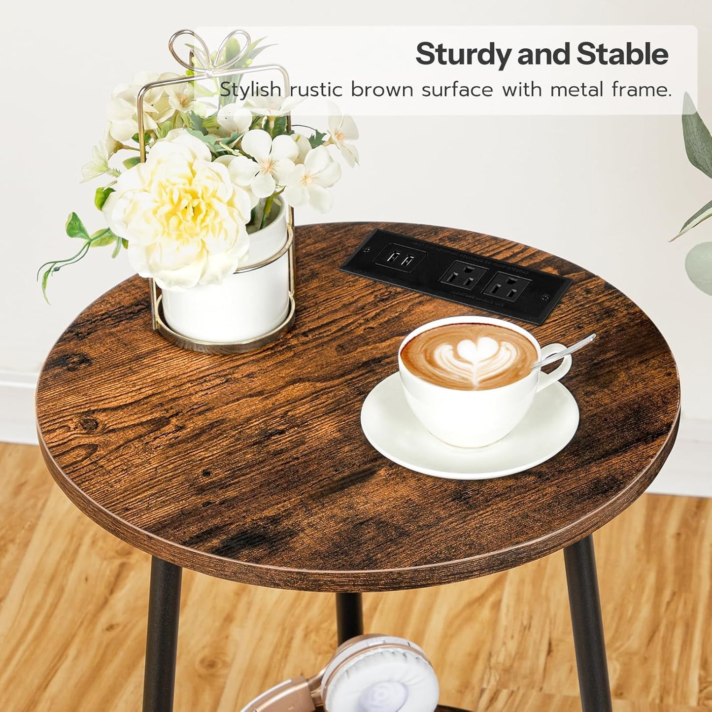 HOOBRO Round End Table with Charging Station, 2-Tier Small Circle Side Table, Round Accent Table for Living Room, Bedroom, Rustic Brown BF671BZ01