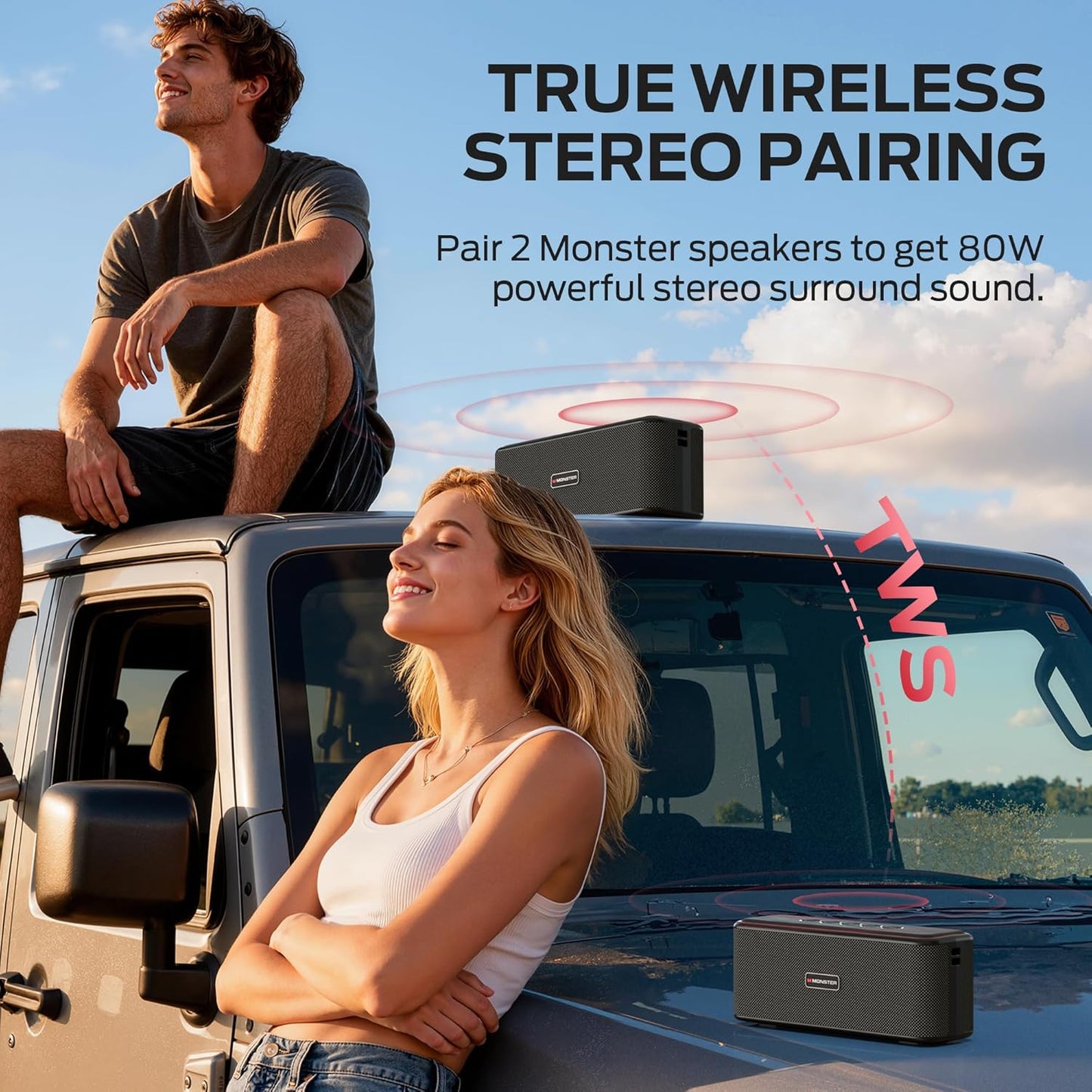 Monster Shock Plus Bluetooth Speaker,Portable Speaker with 40W Loud Stereo Sound, Bluetooth 6.0,TWS Pairing, 20H Playtime,Support AUX/TF Card,IPX6 Waterproof Wireless Speakers for Outdoor,Home,Travel