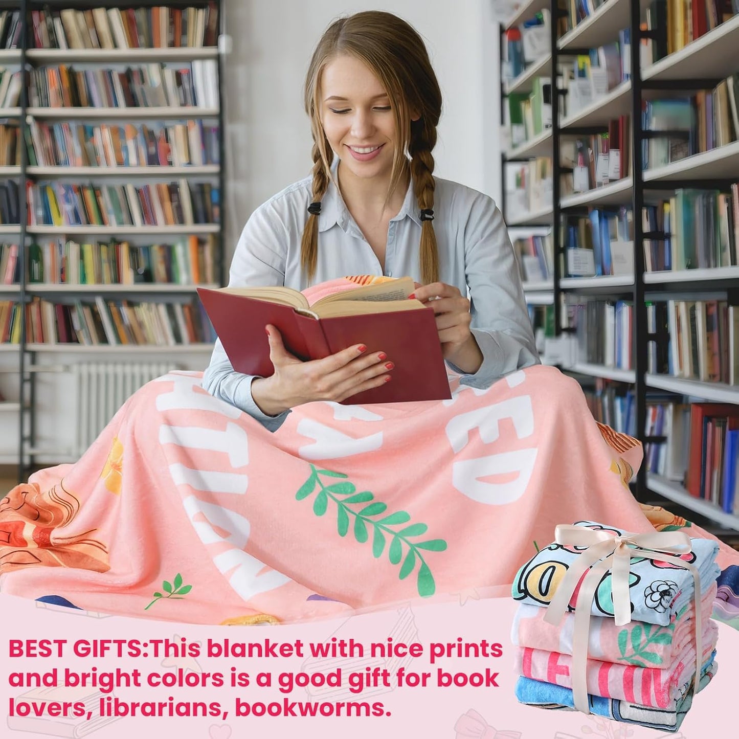 VitalCozy 4 Pack Book Throw Blankets for Teens Adult Flannel Reading Blankets Soft Fleece Blanket Birthday Gifts for Book Lovers Bookish Librarians, 40''x50''