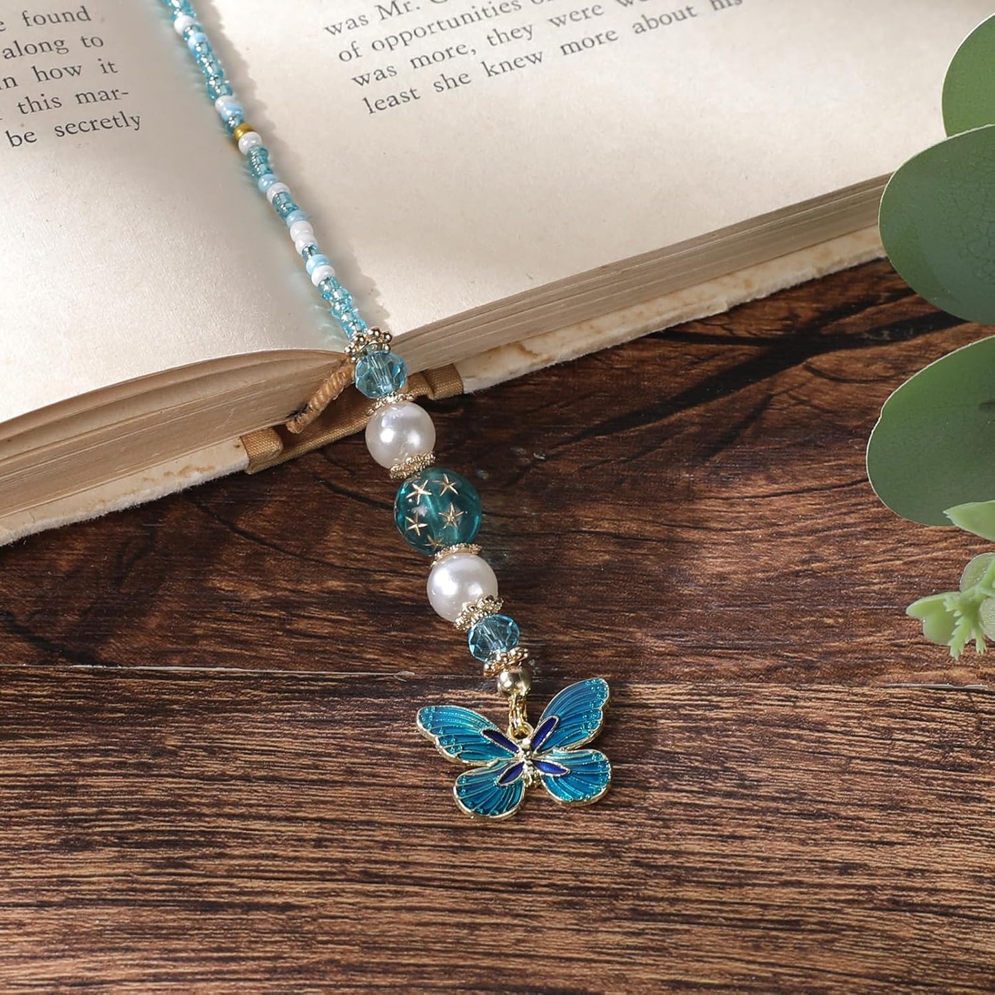 Blue Butterfly Beaded Bookmark - Fantasy Crystal Bead Gold Chain Fantasy Bookmark, Butterfly Aesthetics Pendant, Book Marks Gifts for Books Lovers Students Teacher Office School Supplies