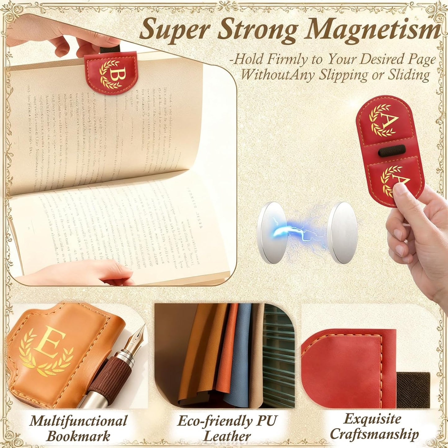Personalized Leather Magnetic Bookmark with Pen Holder, Custom Bygone Mark Bookmark with Pen Holder, Custom Bookmarks with 26 Letters for Reading Women, Men, Teachers, Book Lovers（Red，S）