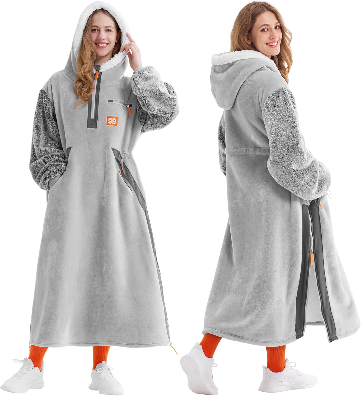 Giggling Getup Wearable Blanket Hoodie for Women Men Gifts for Women Mom Wife Sherpa Fleece Long Hooded Blanket Sweatshirt Cozy Sherpa Wearable Throw with Pocket & Sleeves for Adult Standard Grey