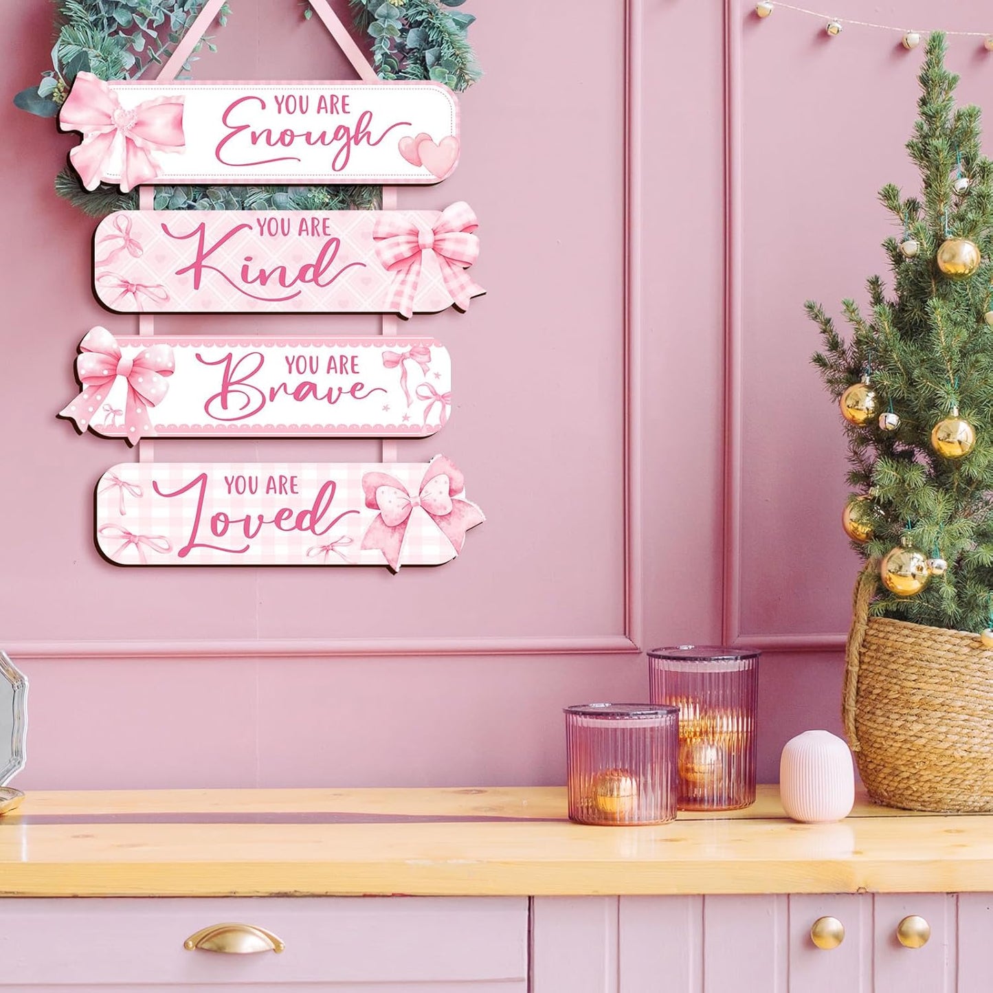 Girl Room Decor Wooden Wall Hanging Signs, Inspirational Quotes Wall Art with Bow Design, You Are Enough Kind Brave Loved, Bedroom Dorm Decor for Girls