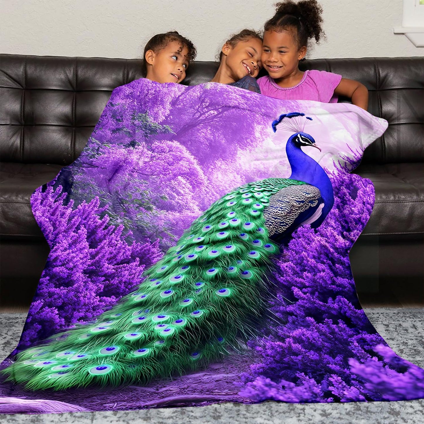 Peacock Gifts for Women, Super Soft Graceful Peacock Decor Purple Lavender Throw Blanket Gifts for Women Girls, Peacocks Stuffed Animal for Kids, Warm Cozy Fuzzy Plush Fleece Flannel Blankets 60"x50"