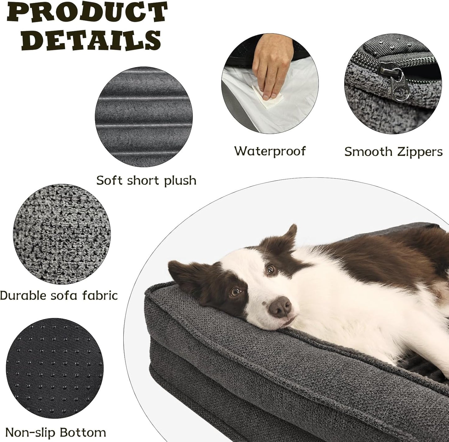 WINDRACING Orthopedic Dog Beds for Large Dogs, XLarge Waterproof Dog Bed with L Bolster Sides, Washable Big Pet Bed with Removable Cover & Non-Slip Bottom, 40 x 28 inch, Gray