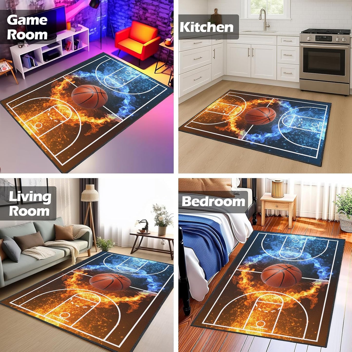 Basketball Rug for Boys Bedroom 3'x5' Non Slip Basketball Court Rugs,Fire Printed Sports Carpet for Living Room and Game Room Decor