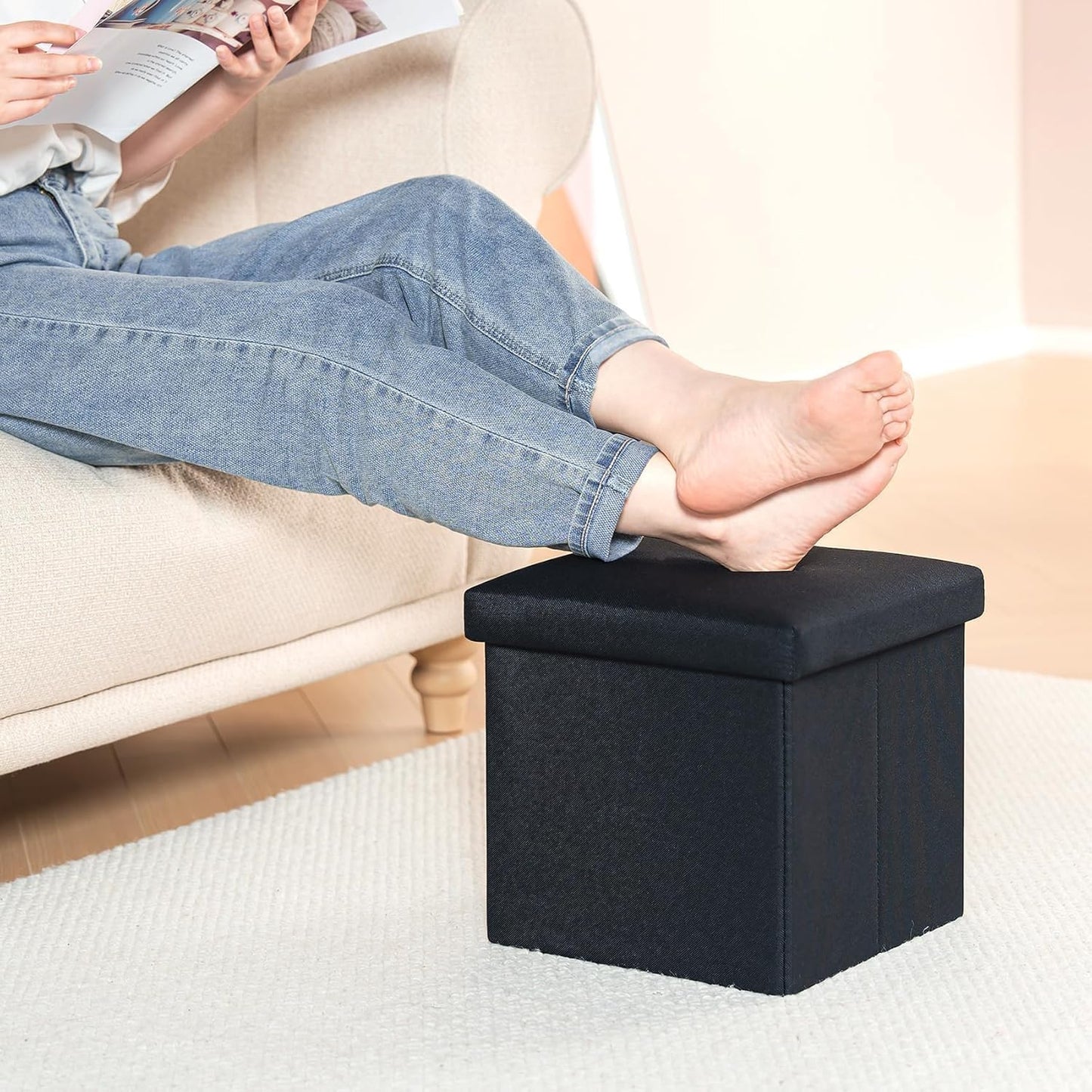 B FSOBEIIALEO Storage Ottoman Cube, Linen Small Foot Rest Seat,for Living Room, Bedroom, Home Office, Dorm Storage Footrest Black 11.8"x11.8"x11.8"