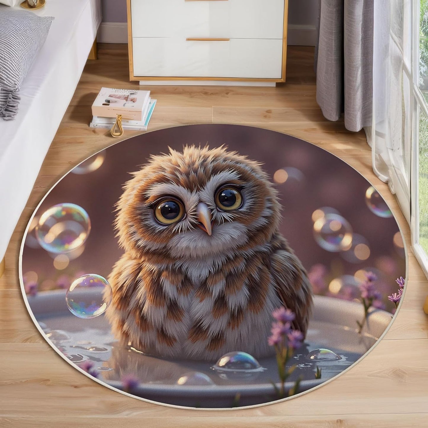 Round Rug for Kids Room, Cute Owl Bathtub Round Rugs 3Ft, Realistic Animal Style Circle Rug, Brown Washable Circle Carpet for Living Room Bedroom, Non Slip Low Pile Thin Area Rugs
