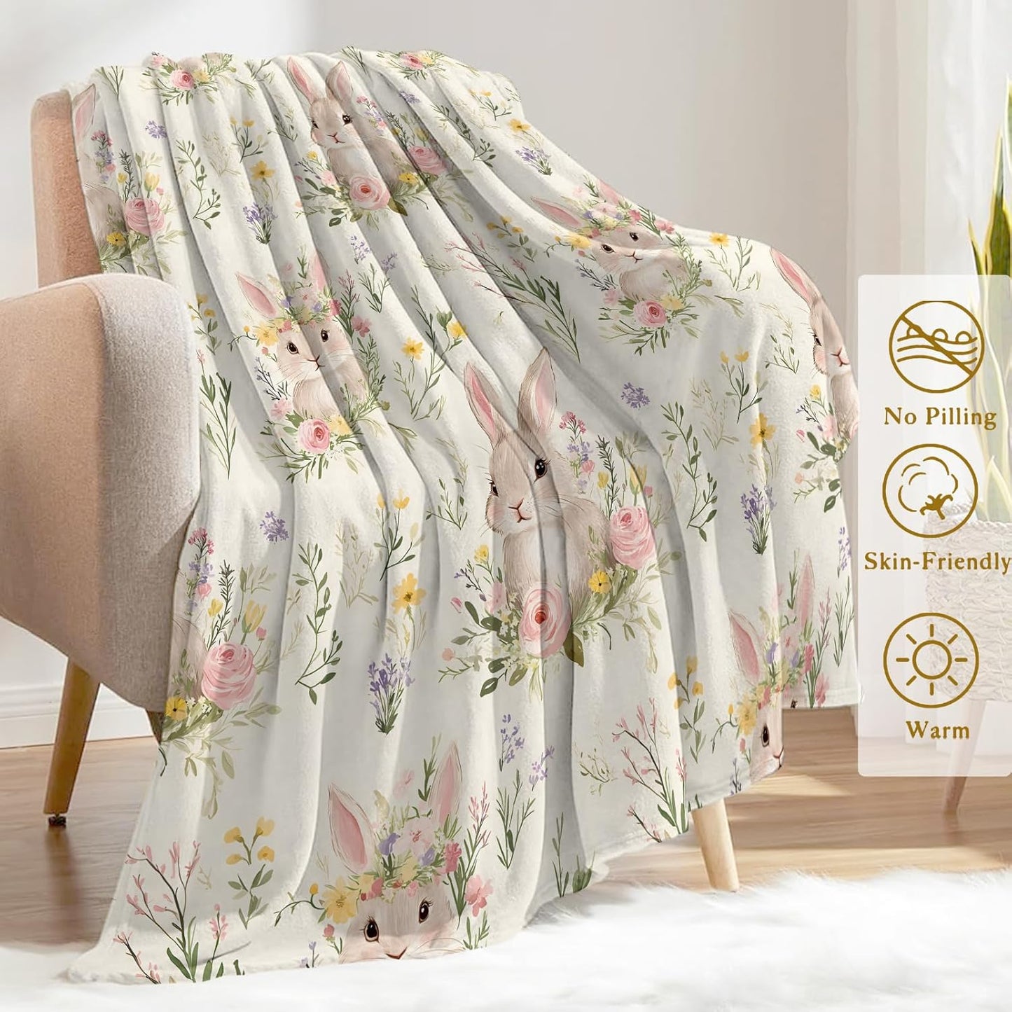 Cute Bunny Fleece Blanket - Lightweight Soft Cozy Gifts Throw for Animal Lovers, Kids,Women,Rabbit Floral Cream Blankets,Home Room Modern Farmhouse Boho Decor 50x60in