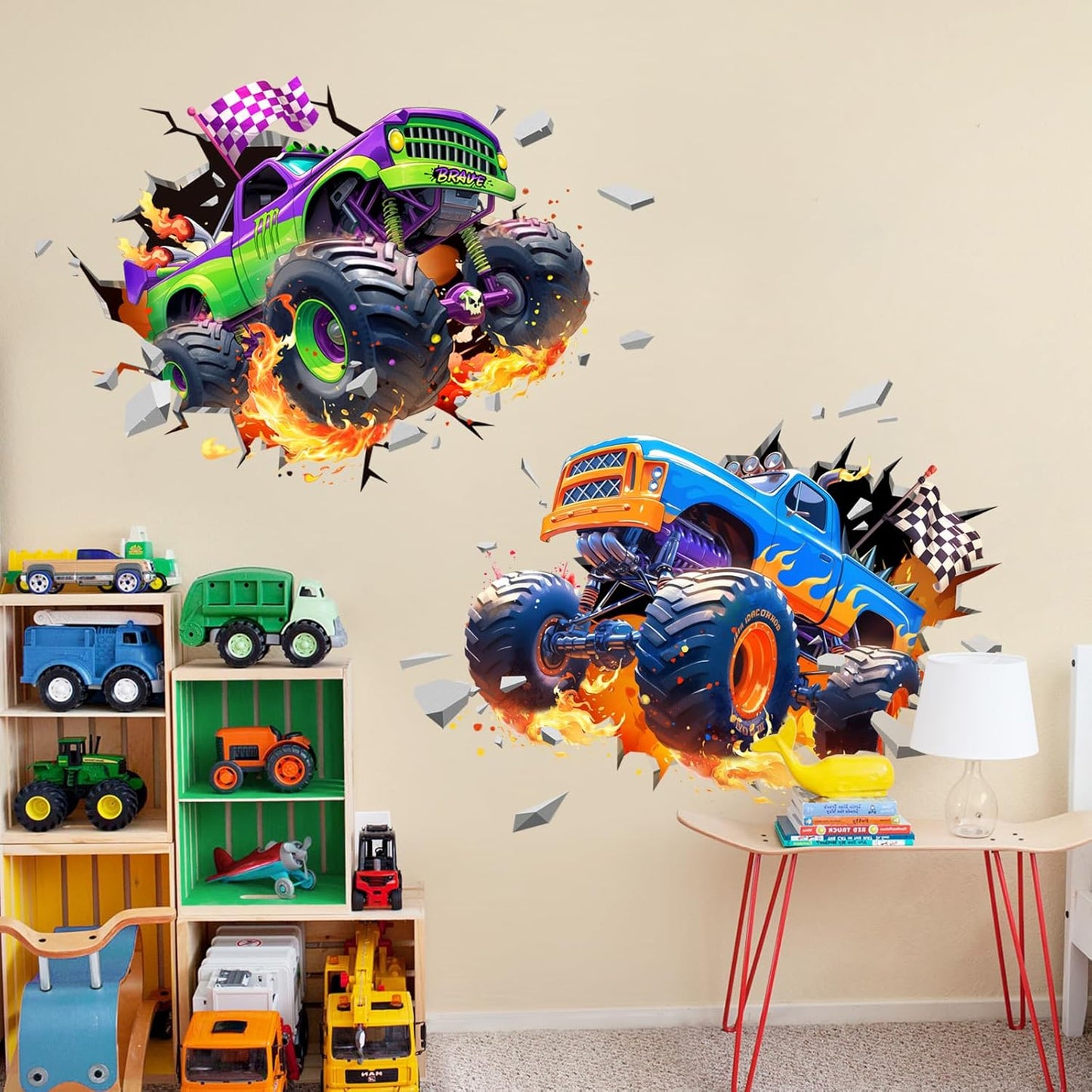 3D Racing Car Wall Decals, Truck Vehicles Wall Stickers Ball Games Peel and Stick Decal Self Adhesive Sticker for Boys Kids Room Home Decor