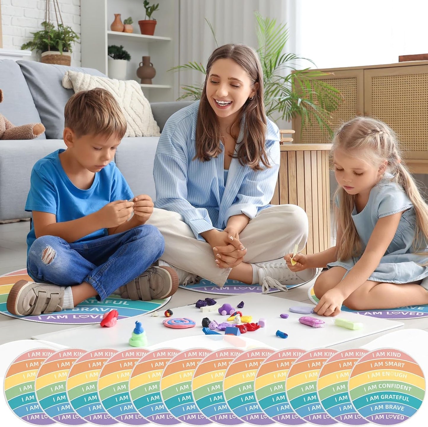 12 Pcs Carpet Circle Seats 15 Inch Positive Affirmations Round Classroom Rug for Non Slip Floor Cushions Mat for Back to School Nursery Learning Calm Down Corner Playing Areas Decor(Rainbow)