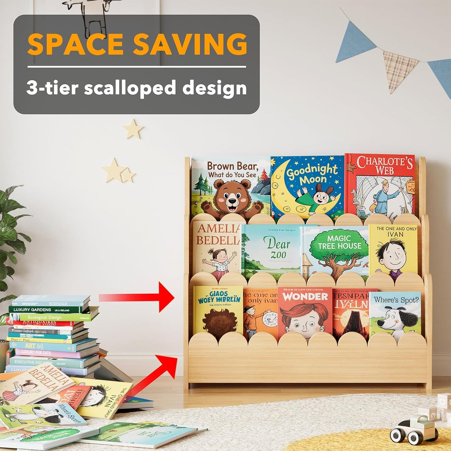SpaceAid 3-Tier Scalloped Bookshelf, Montessori Bookcase for Toddlers, Wooden Book Shelf Organizer Display Furniture for Kids Rooms, Playroom, Nursery and Classroom, Natural
