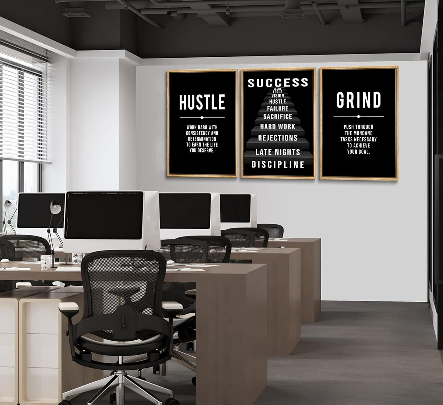 3Pcs Black and White Inspirational Phrases Wall Art Stairway to Success Canvas Posters Prints Never Give Up Pictures Paintings Office Wall Decor for Home Gym Workplace Unframed