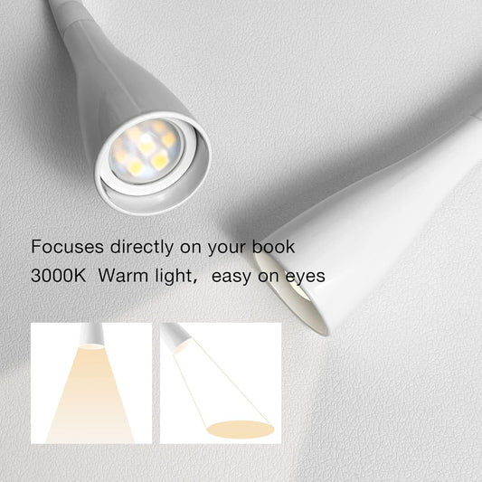 LED Reading Light, Eye-Caring Book Light for Reading in Bed, 360° Flexible Clip on headboard lamp, 5W 3000k Desk Lamp with Clamp for Bedroom, Office, Painting, Workbench and Sewing, White