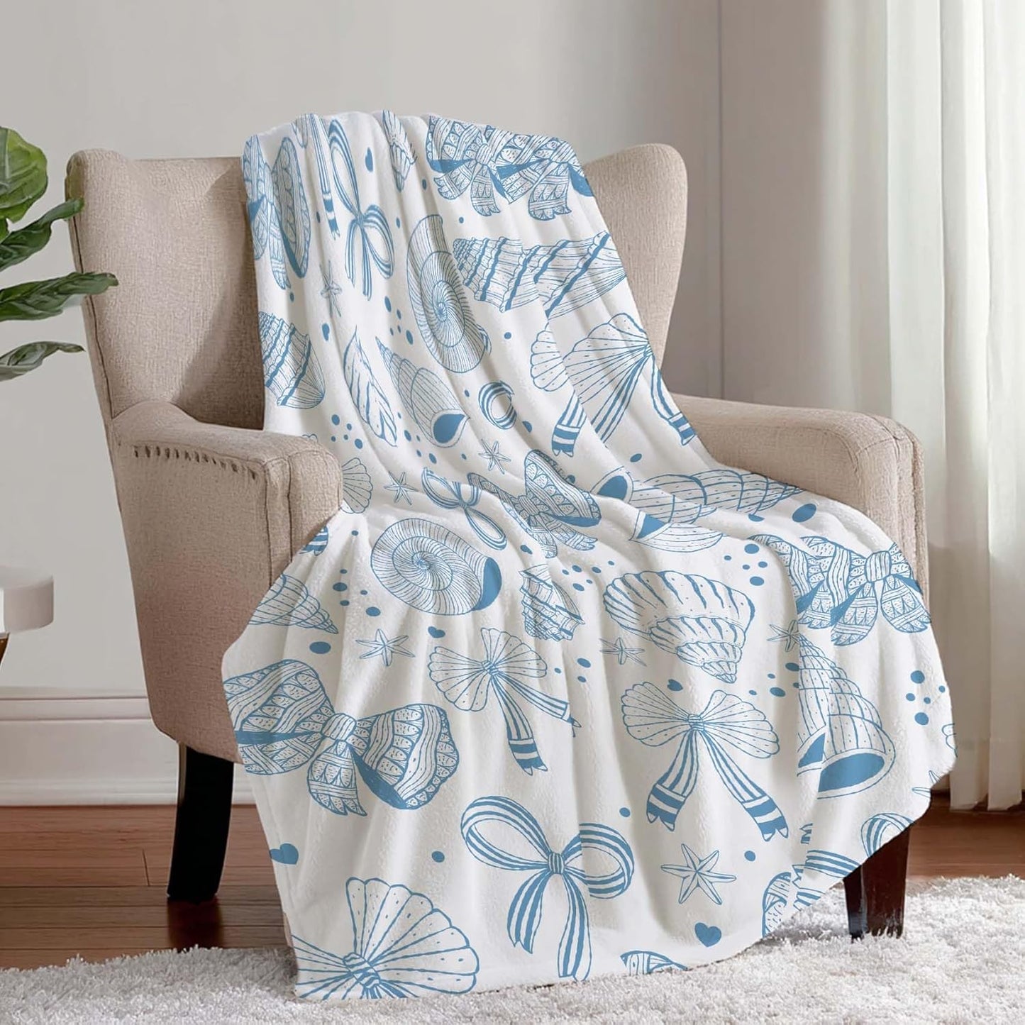 MASLEK Coastal Shell Blanket Soft Cozy Flannel Throw Blue Bow Nautical Theme Soft Cozy Flannel Fleece Blankets for Sofa Couch Bed Room Birthday Decor, 50 x 60 Inch