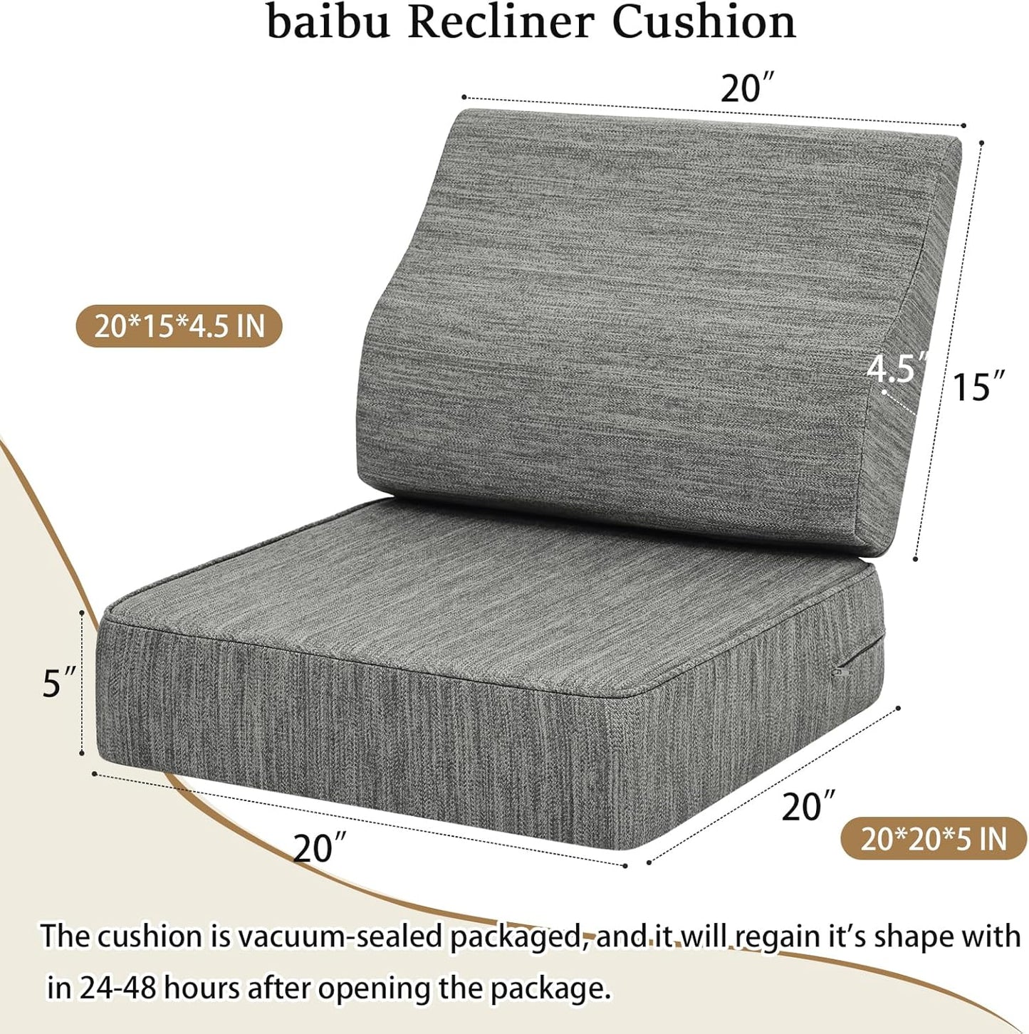 baibu Gel Memory Foam Recliner Cushions with Lumbar Support Pillow for Elderly, 20x20x5 Inch Thick Dual-Layer Design Non-Slip Seat Cushion for Recliner Chair for Reduce Hip & Lumbar Pain, Grey