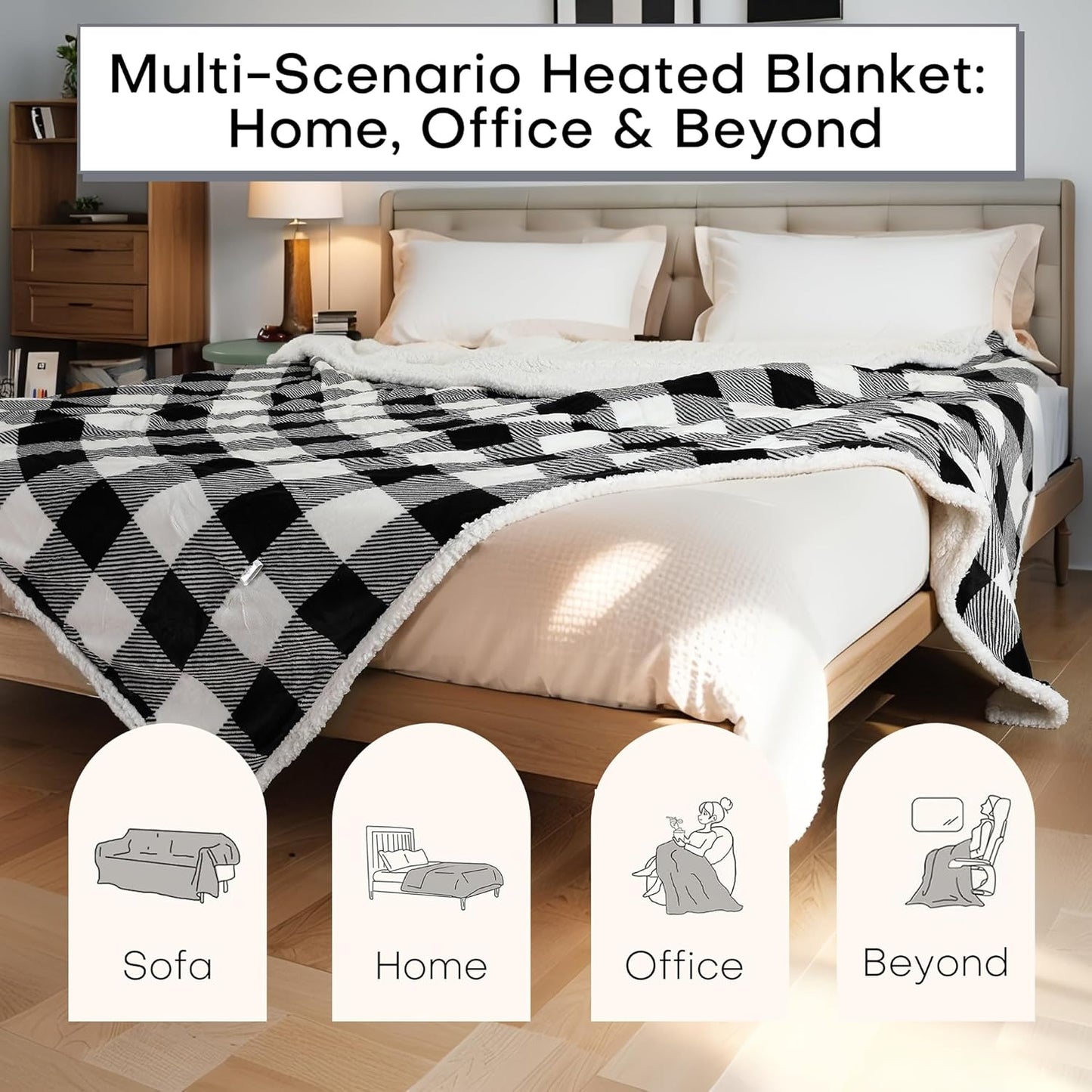 Electric Heated Blanket Full Size 72"x84" Microplush & Sherpa Fabric, Machine Washable 4 Heat Settings & 10 Hours Auto Off - Striped Check