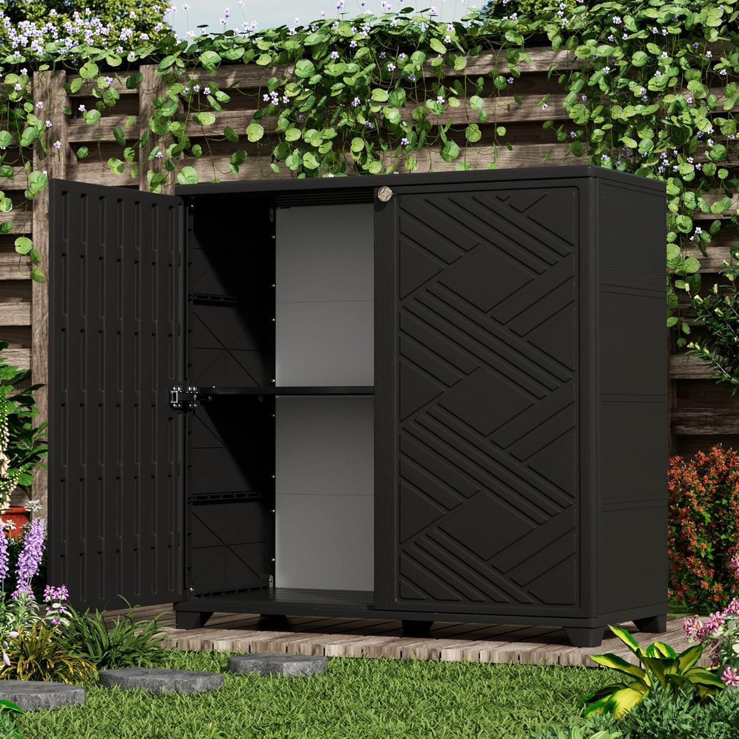 ADDOK Indoor Outdoor Plastic Storage Cabinet 34"x15"x34" with 1 Shelf, Outdoor Storage Shed for Living Room, Hallway, Balcony, Garage, Garden,Black
