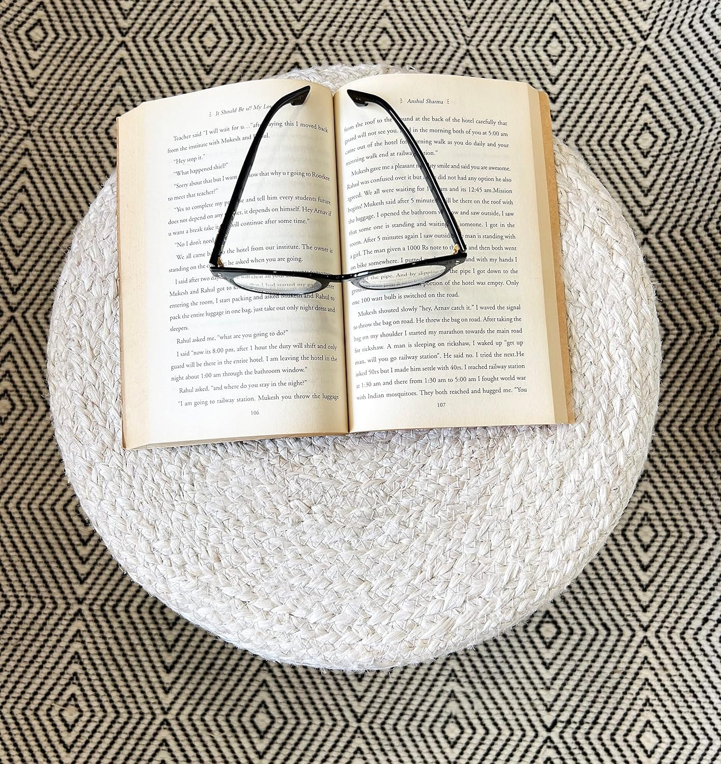 S & L Homes Pouf Ottoman - 100% Jute Braided Footrest Pouf Hand Knitted Traditional Cord Boho Pouffe for Living Room, Bedroom, Nursery, Patio, Lounge Colorblock - Natural Ivory (18”x18”x12”)