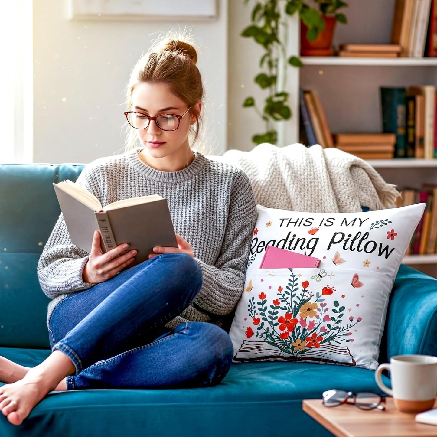 18 x 18 Inch Pocket Pillow This is My Reading Pillow with Flower Bookish Gifts for Book Lovers, Bookworm Librarian Gifts for Office Sofa Couch or Cozy Corner(Reading Style)