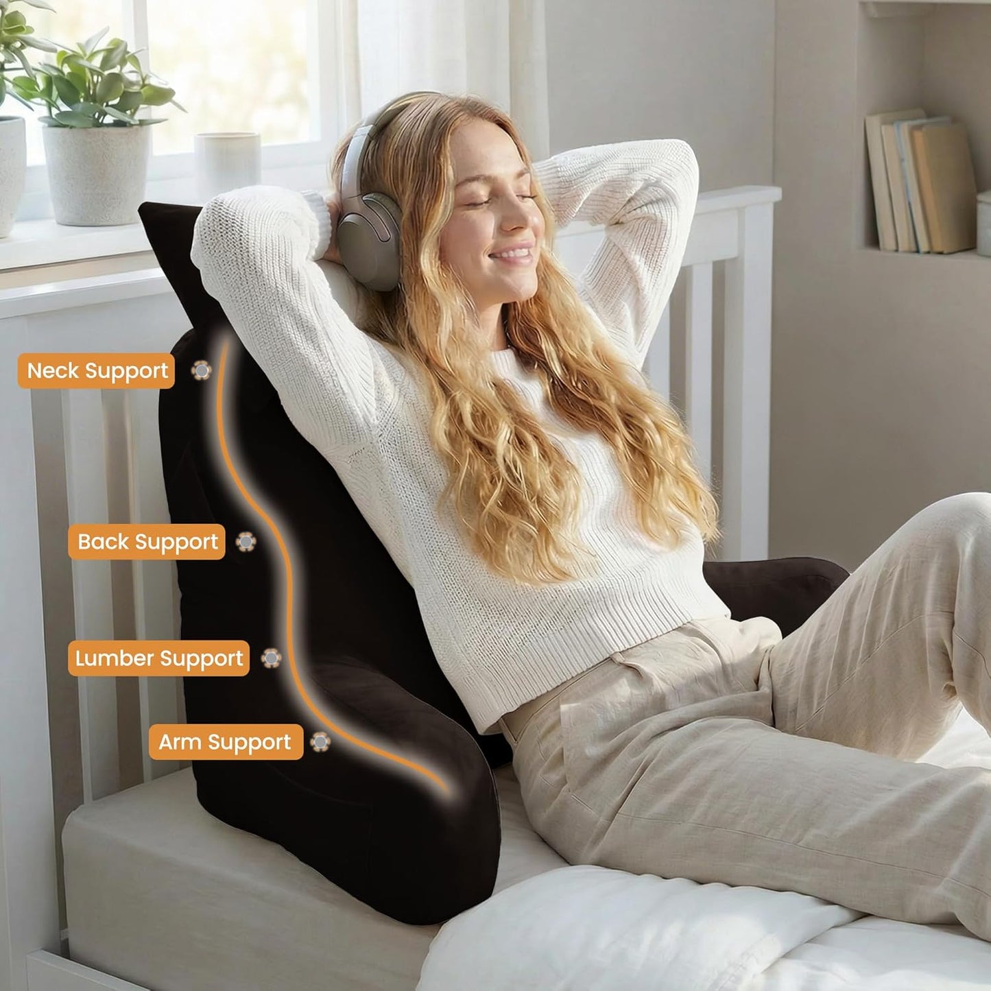 Portable Reading Pillows with Headrest for Bed Sitting Up(Brown Oeko-Tex), Velvet Back Pillow with Arms & Pockets for Adults, Support Memory Foam Bed Pillow for Dorm/Reading/Watching/Gaming
