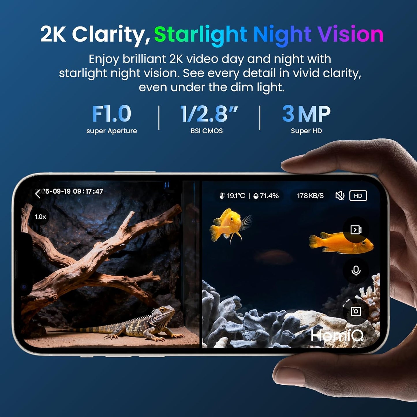3MP 2K Aquarium & Terrarium Pet Camera.Install &Close-Focus Lens for Fish,Lizard, Reptile Pet and Window Bird Feeder,2.4GHz & 5GHz WiFi,Auto-Focus,24/7 Recording