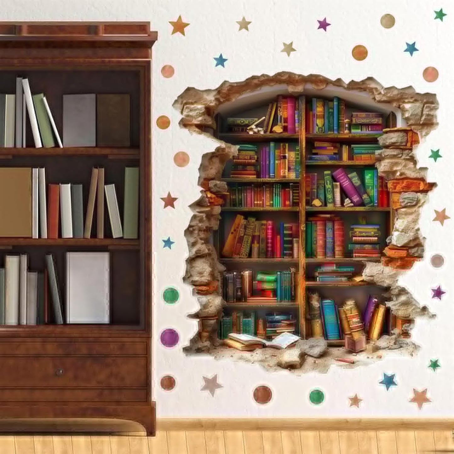 Large Vintage Book Wall Stickers 3D Broken Wall Decals Peel and Stick Reading Room Art Murals Read Signs Vinyl Decal Bookshelf Art Decorations DIY Walls Sticker for School Library Classroom Home Decor