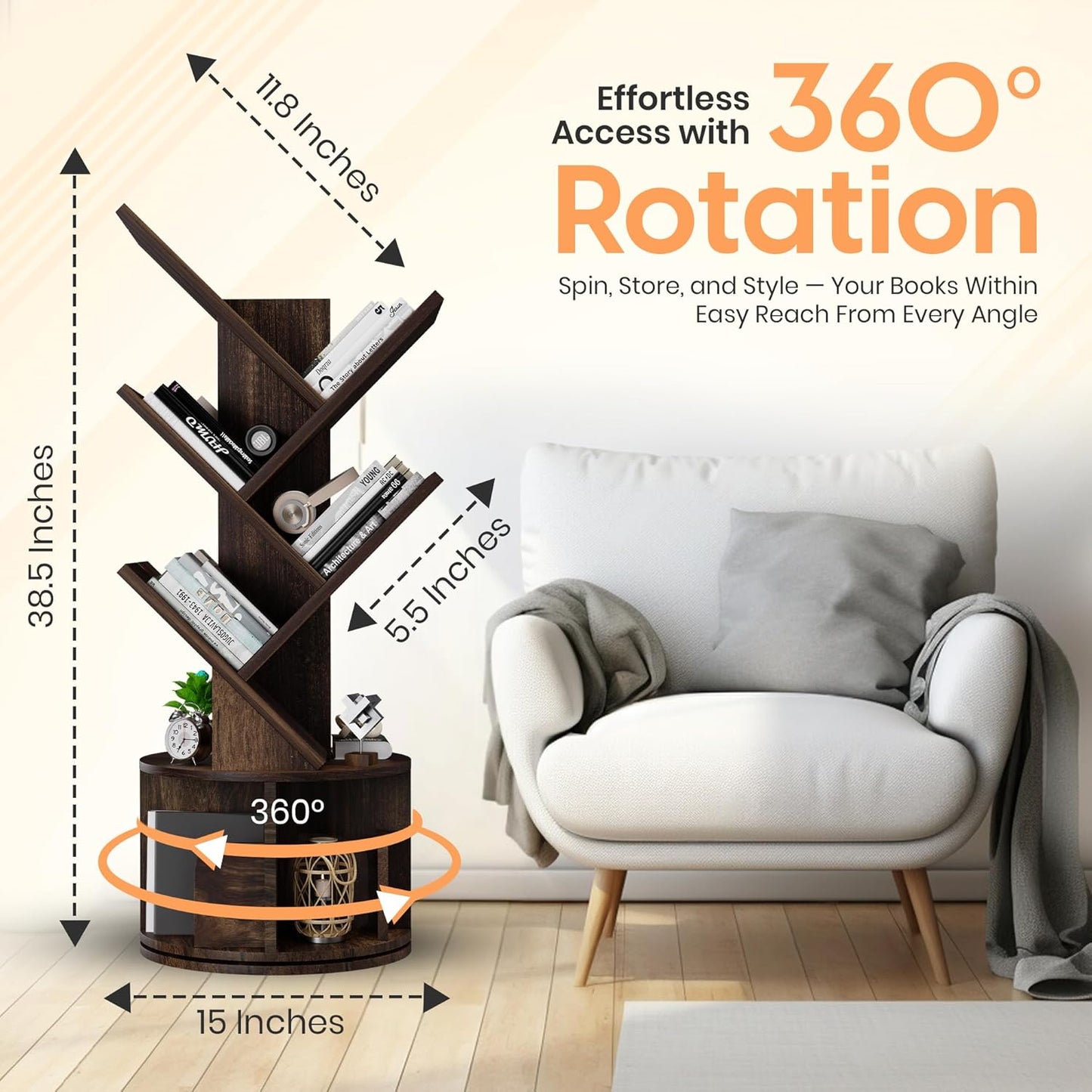 Rotating Bookshelf Tree, 5 Tier Space Saving Narrow Bookcase, Unique 360° Spinning Tower, Premium Wood Corner Book Shelf for Kids or Office, Tall Standing Storage Organizer