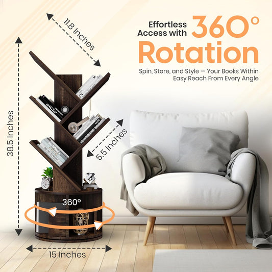 Rotating Bookshelf Tree, 5 Tier Space Saving Narrow Bookcase, Unique 360° Spinning Tower, Premium Wood Corner Book Shelf for Kids or Office, Tall Standing Storage Organizer
